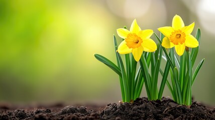 Daffodils emerging from soil, signaling spring - obrazy, fototapety, plakaty