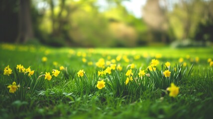 Yellow daffodils blooming in a lush green field - obrazy, fototapety, plakaty