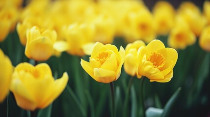 Bright yellow tulips in a soft focus garden