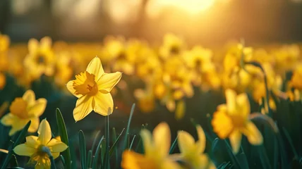 Deurstickers Golden daffodils at sunset with a warm glow © Татьяна Макарова