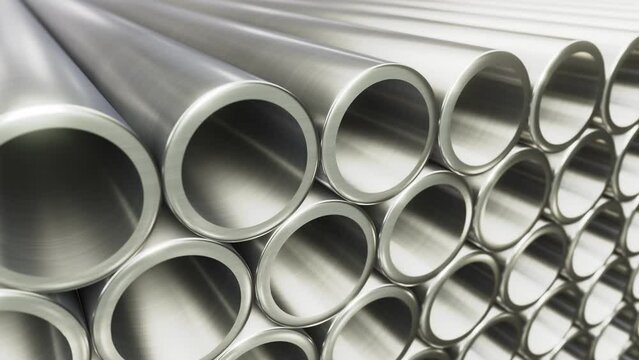 Tracking DOF camera looping 3D animation of the titanium pipes stacked at warehouse rendered in UHD