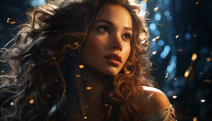 A beautiful young woman with curly brown hair, looking outdoors generated by AI