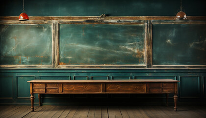 Empty classroom with old wooden desk and blackboard for education generated by AI - obrazy, fototapety, plakaty