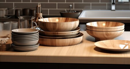 Stacks of plates in a kitchen. generative AI