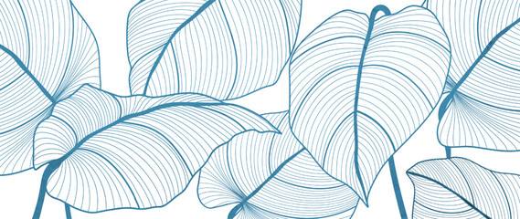 Abstract art background with tropical leaves in blue blooms in line art style. Botanical banner with plant pattern for wallpaper, packaging, textile, print, interior design.