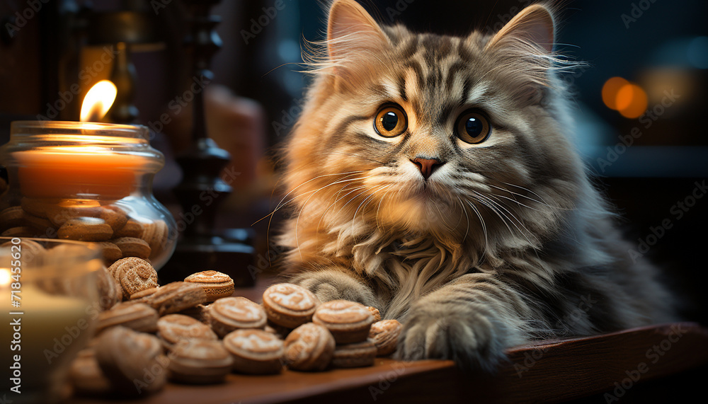 Sticker Cute kitten sitting on table, staring at camera, fluffy fur generated by AI