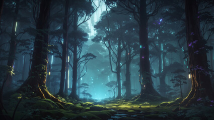 Fototapeta premium A dark forest filled with lots of trees background