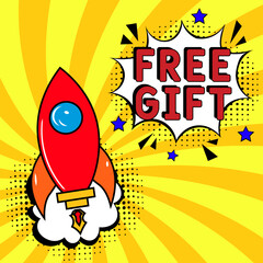 Free Gift banner design template. Social media poster design. Comic book explosion with text Free Gift, vector illustration. Free Gift banner pop art.