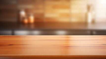 An empty Wooden table in the photo with a kitchen background with a blur effect. generative AI - obrazy, fototapety, plakaty