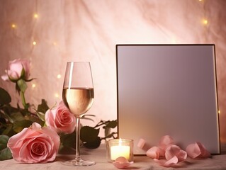 Glass of wine with rose and greeting card for romantic atmosphere