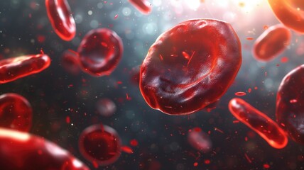 Red blood cells with sparkling highlights in a dark background