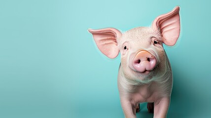 A pink piglet against a light blue background
