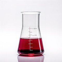 A chemical laboratory flask filled with red chemicals is photographed on a white background.