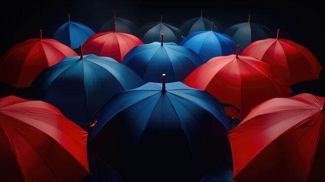 Cluster of red and blue umbrellas against a dark background