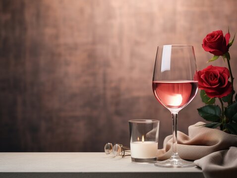 Glass of wine with rose and greeting card for romantic atmosphere