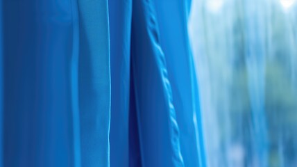 Close-up of blue curtains with a gauzy texture and soft folds
