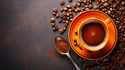An orange cup with coffee and beans, with a spoon of coffee powder on the side
