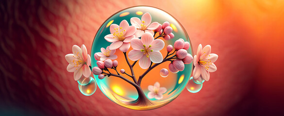 Cherry blossom 3D object. hologram. Gradation. Spring background. banner.
