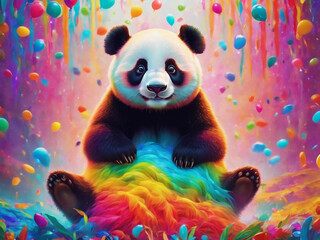 multicolor panda bear Fluorescent Fantasy over white background, cute character