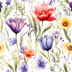 Obraz premium Watercolor seamless pattern with spring floral bouquets. Vintage botanical illustration, Elegant decoration for any kind of a design, Fashion print with colorful abstract flowers. Hand draw artwork