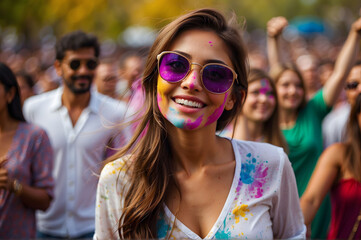 Celebrating Holi Festival of Colors, Happy woman with colorful Holi powder on face and body, generative AI