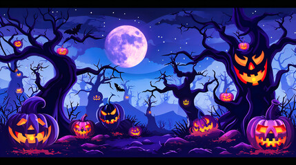 Spooky Halloween Night with Full Moon, Pumpkins, and Bat Silhouettes: Dark Forest, Haunted Atmosphere Illustration