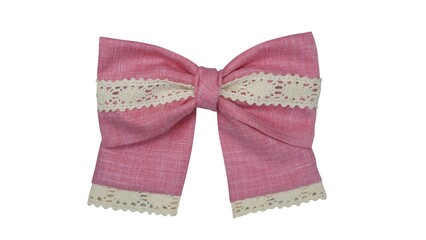 Pink cotton fabric bow with beige lace embellishment - elegant design on white background