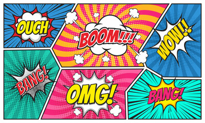 Colorful comic cartoon scene page background with speech bubble illustration set © anggi wibisono