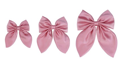 "Beautiful pink satin bow with round tails on white background - three sizes: small, medium, large"