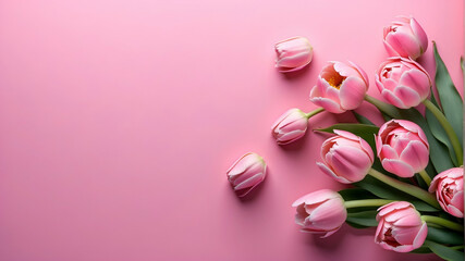 pink tulips on a pink background, top view, copy text,  women's day and mother's day	