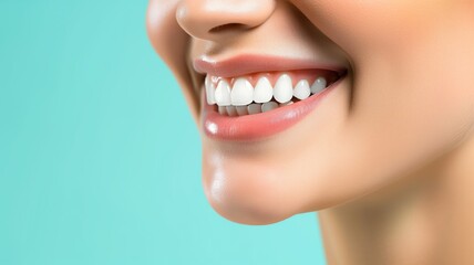 Fototapeta premium A close-up of a bright smile with aligned white teeth on a teal background