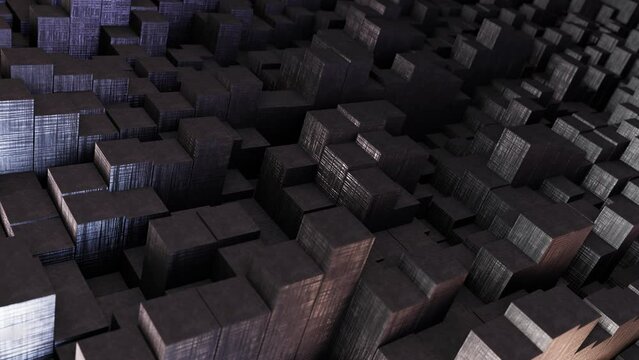 Abstract looping 3D animation of the moving dark weathered scratched metal rectangular poles pattern rendered in UHD as motion background