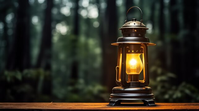 An oil lamp standing on a wooden table in the photo with a green forest background