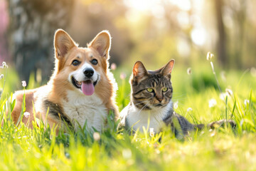 Cute  fluffy friends a corgi dog and a tabby cat sit together in a sunny spring meadow 