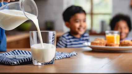 pouring milk into glass for breakfast with children in background - Powered by Adobe