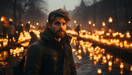 A young adult ignites a flame, celebrating winter beauty generated by AI