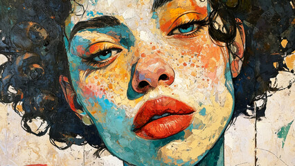 Colorful abstract close-up portrait of a woman with textured details