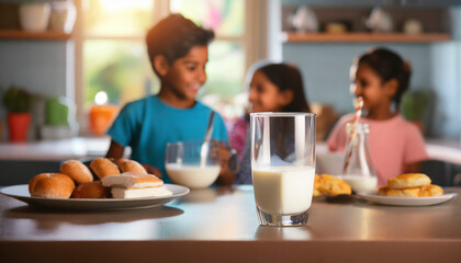 Cute little children having breakfast in kitchen at home, focus on milk - obrazy, fototapety, plakaty