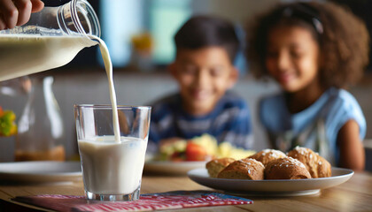 pouring milk into glass for breakfast with children in background