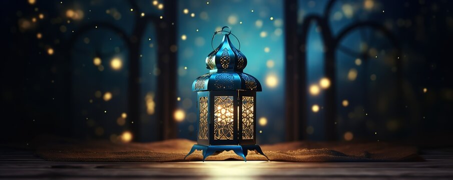 The lantern lights up and shines in the photo with a sparkling glitter light background and bokeh effect.. generative AI