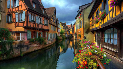 Charming European Townscape with Canals, Bridges, and Old Houses