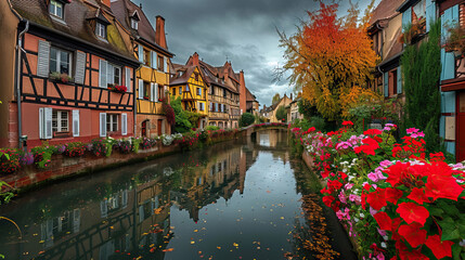 Fototapeta na wymiar Medieval canal town with ancient architecture, bridges, and reflections in Bruges, Belgium, under a picturesque European sky