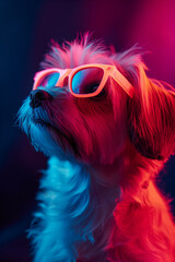  portrait of Maltese dog, wearing neon glasses. Black background, bold minimalism