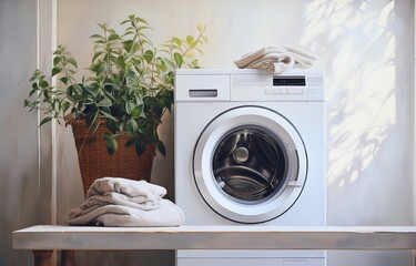 A washing machine stands next to a pile of dirty clothes. generative AI