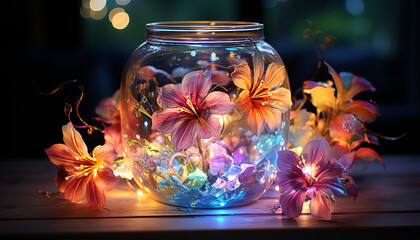 Wooden table with a vase of colorful flowers, illuminating the night generated by AI