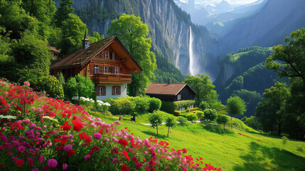 Alpine Mountain Village with Houses, Nestled in Nature's Landscape Under a Blue Sky