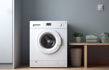 A white washing machine in a gray-walled room. generative AI