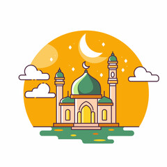 Minimalist Mosque Flat Design with white background of trees and clouds