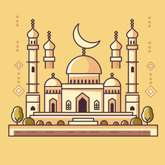 Minimalist Mosque Flat Design with bright yellow background