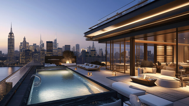 Lavish New York City Rooftop Terrace with Private Infinity Pool at Dusk